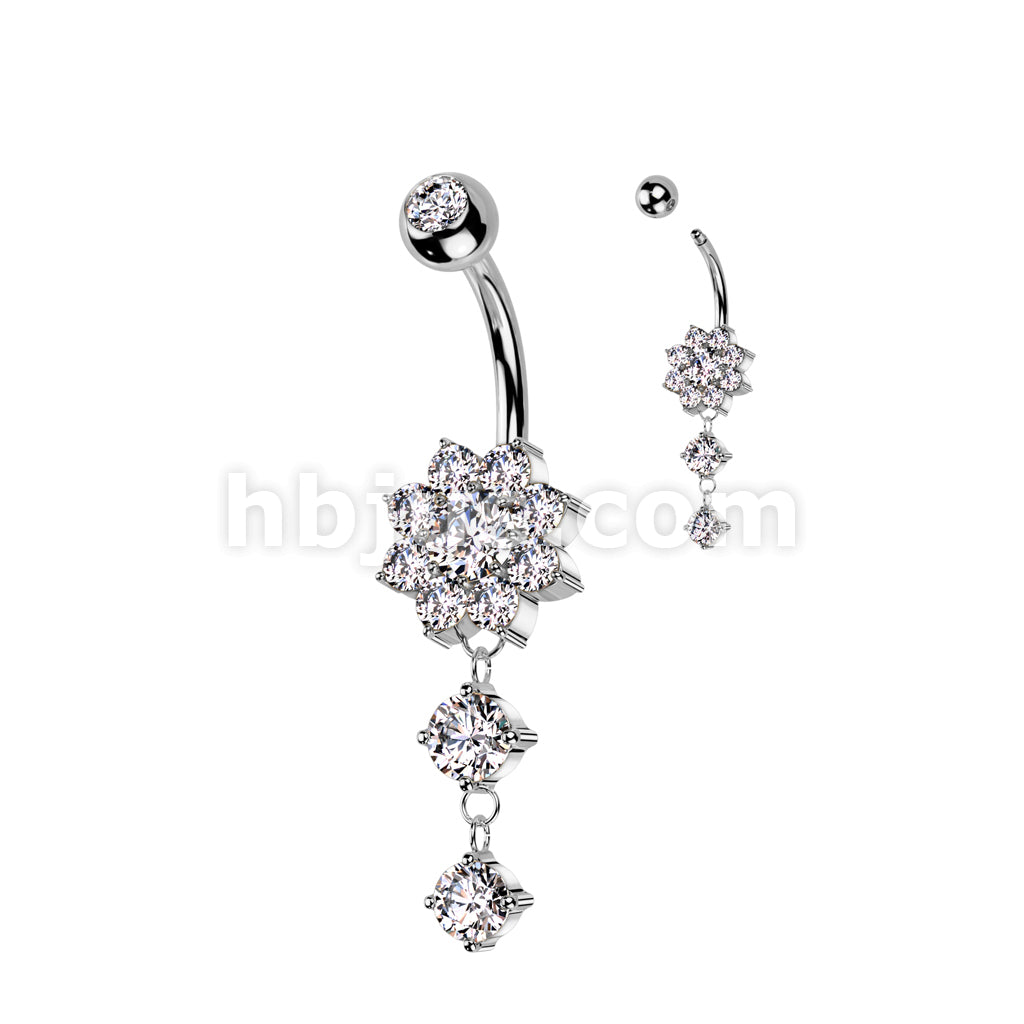 316L Surgical Steel CZ Flower With Double Round CZ Dangle 316L Surgical... - Image 2