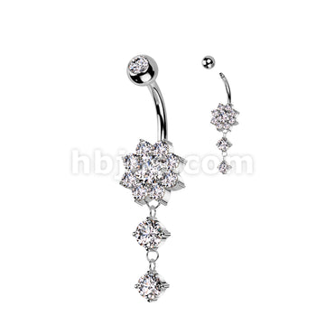 316L Surgical Steel CZ Flower With Double Round CZ Dangle 316L Surgical... - Image 2