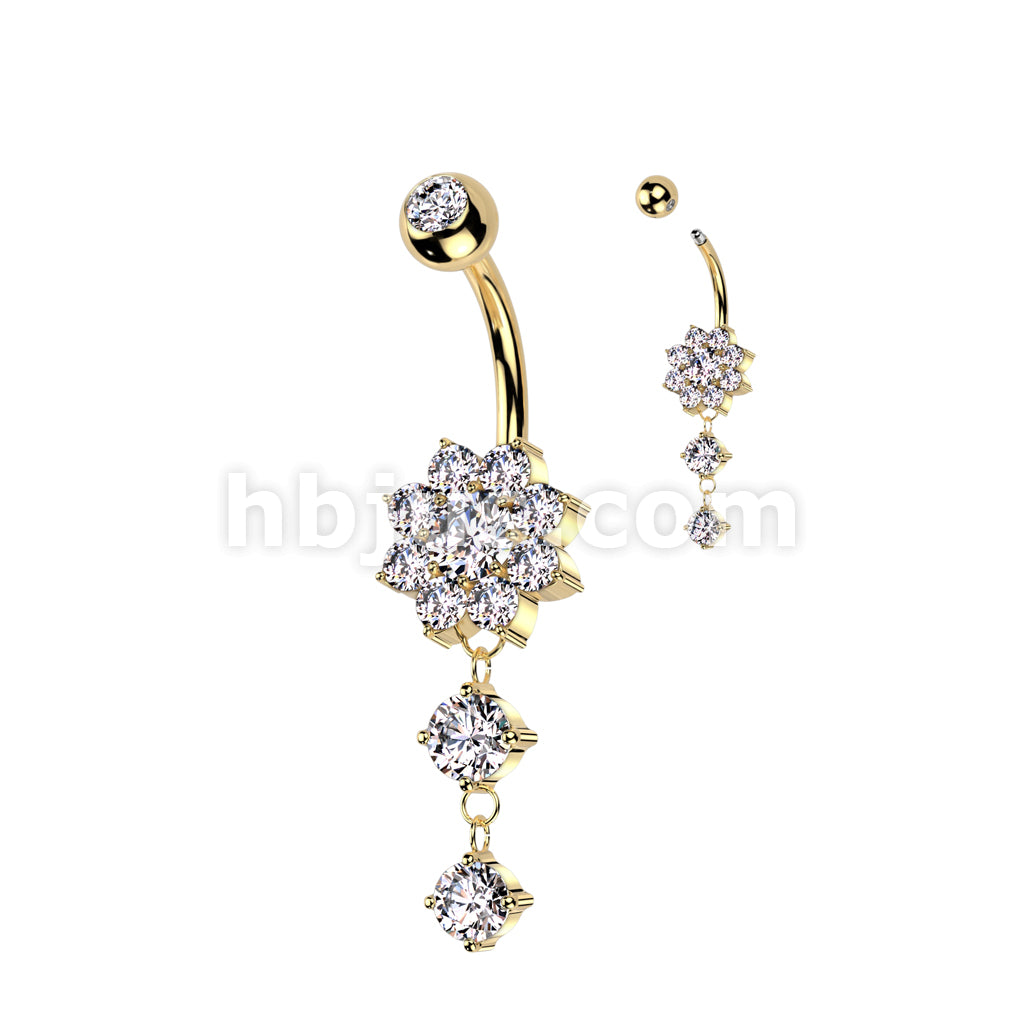 316L Surgical Steel CZ Flower With Double Round CZ Dangle 316L Surgical... - Image 3