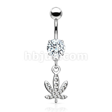 316L Surgical Steel Pot Leaf Gem Paved Dangle Belly Button Ring - Image 2