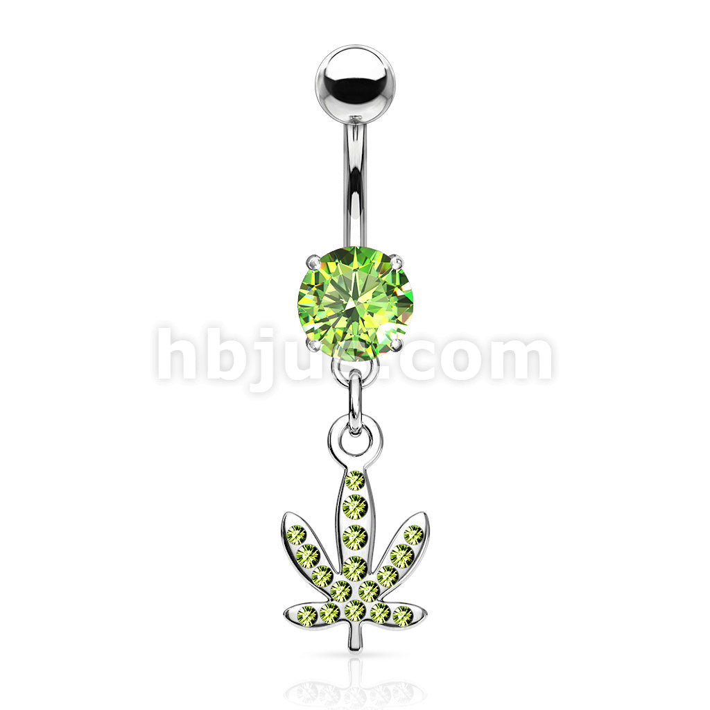316L Surgical Steel Pot Leaf Gem Paved Dangle Belly Button Ring - Image 3