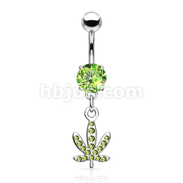 316L Surgical Steel Pot Leaf Gem Paved Dangle Belly Button Ring - Image 3