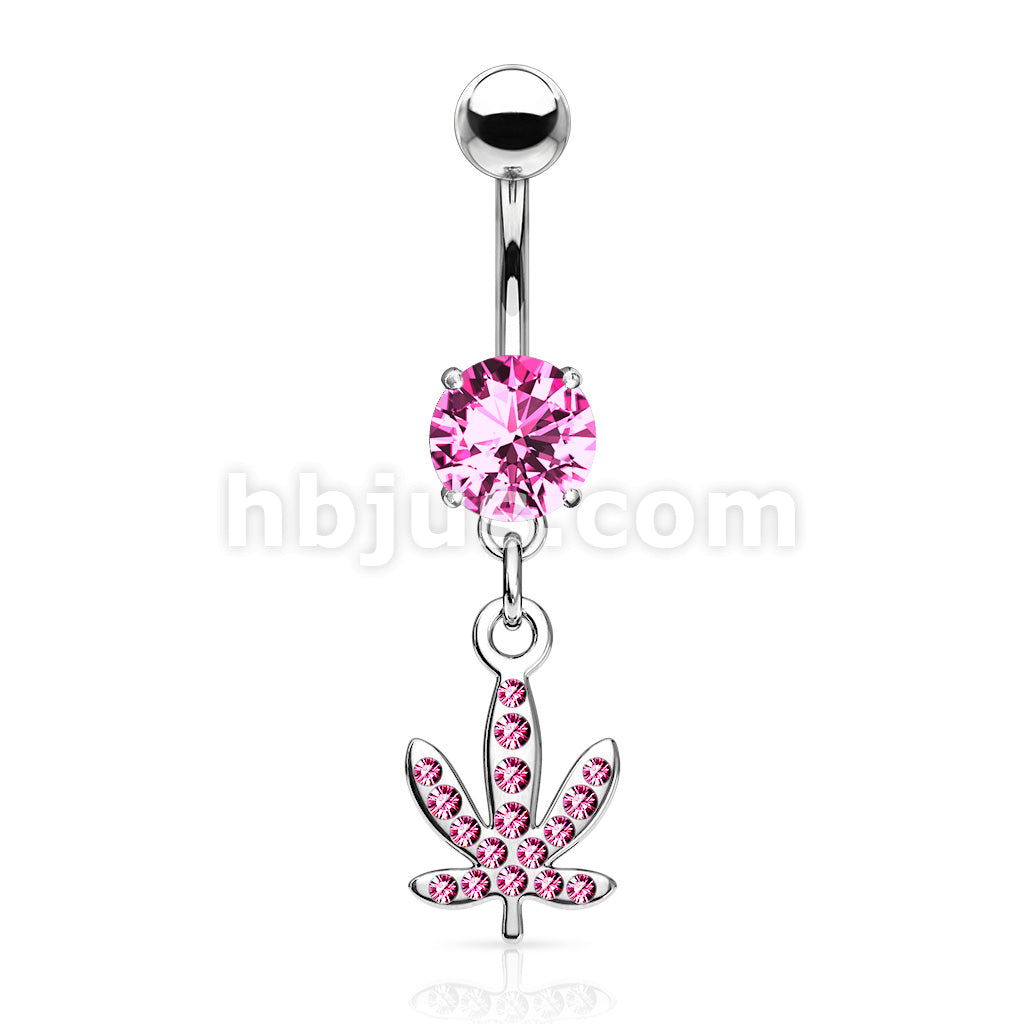 316L Surgical Steel Pot Leaf Gem Paved Dangle Belly Button Ring - Image 4