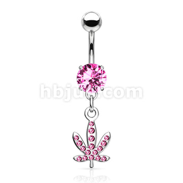 316L Surgical Steel Pot Leaf Gem Paved Dangle Belly Button Ring - Image 4