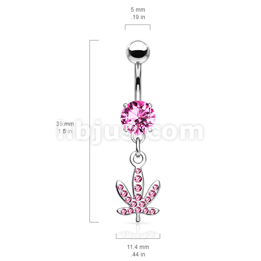 316L Surgical Steel Pot Leaf Gem Paved Dangle Belly Button Ring - Image 5