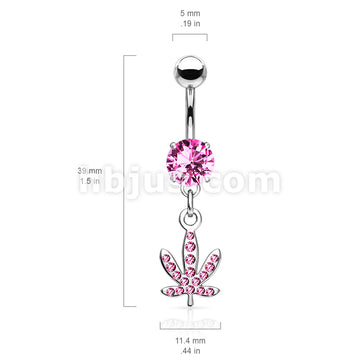 316L Surgical Steel Pot Leaf Gem Paved Dangle Belly Button Ring - Image 5