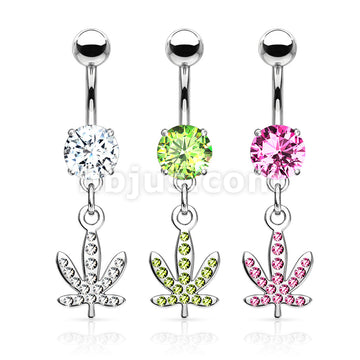 316L Surgical Steel Pot Leaf Gem Paved Dangle Belly Button Ring - Image 6