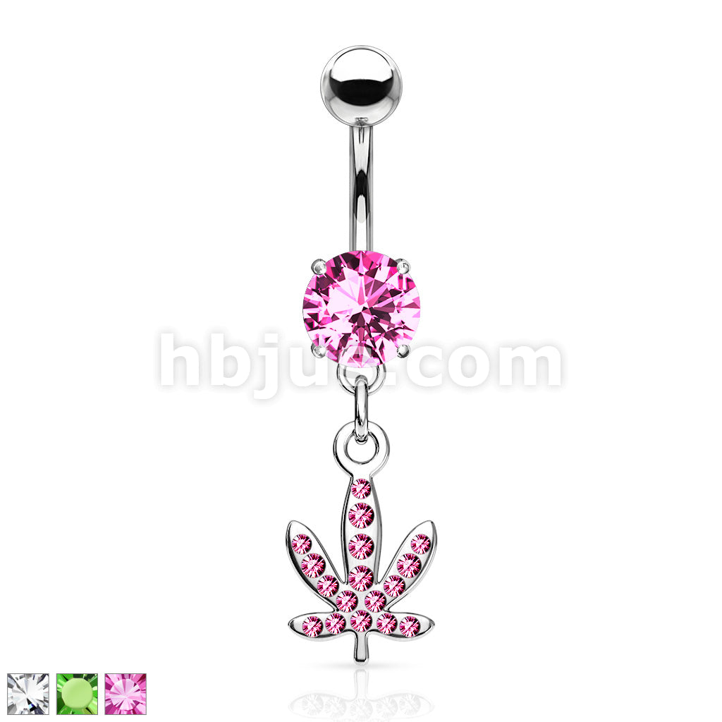 316L Surgical Steel Pot Leaf Gem Paved Dangle Belly Button Ring