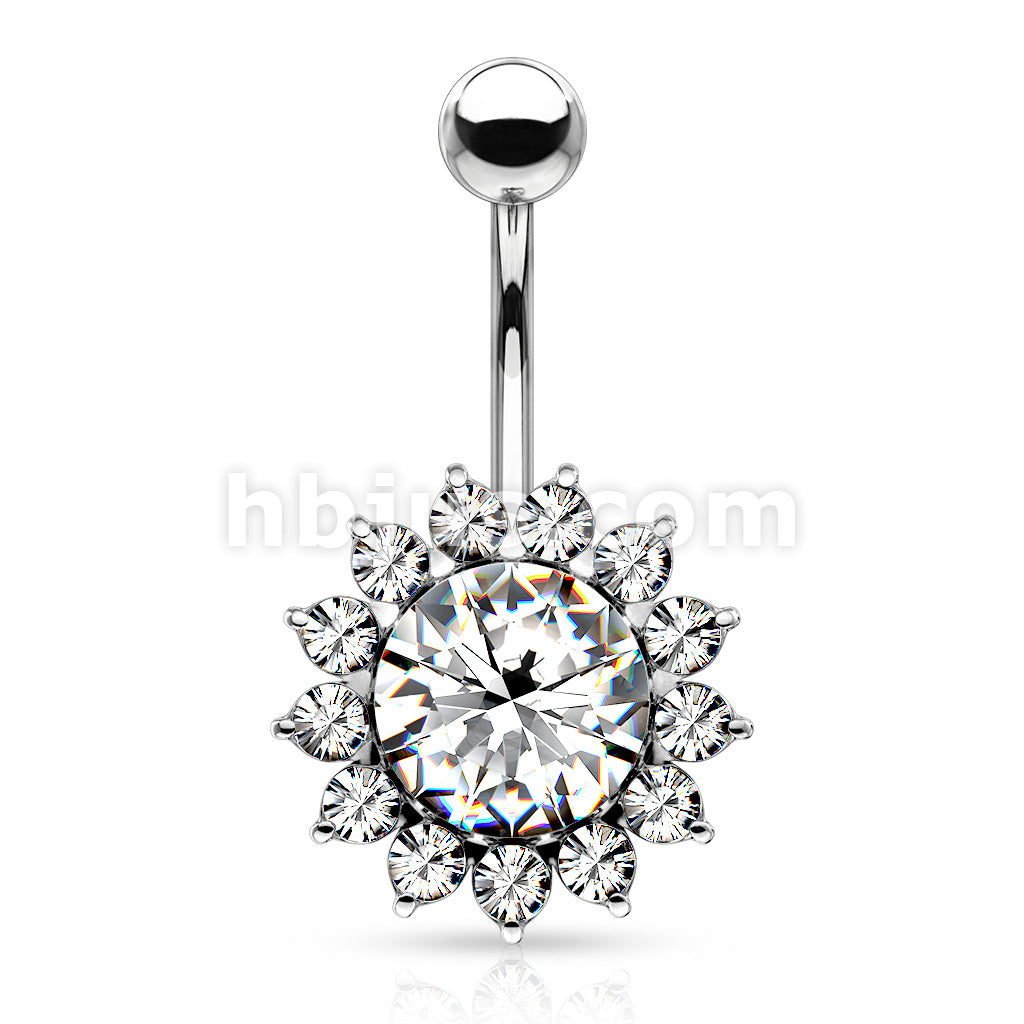 316L Surgical Steel 316L Surgical Steel Large CZ Flower Belly Button Ring - Image 2