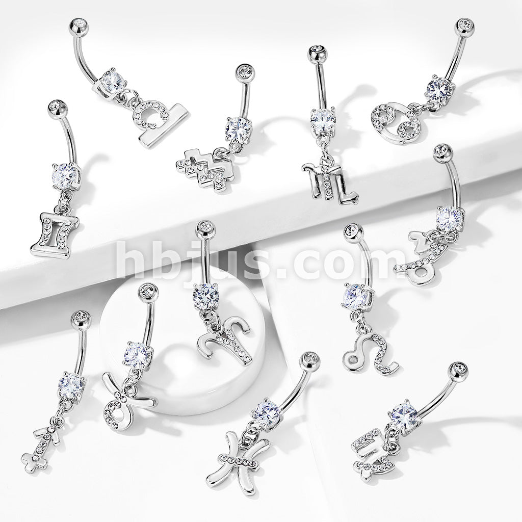 316L Surgical Steel 316L Surgical Steel Zodiac Symbol With Clear Gems...