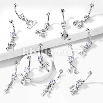 316L Surgical Steel 316L Surgical Steel Zodiac Symbol With Clear Gems...