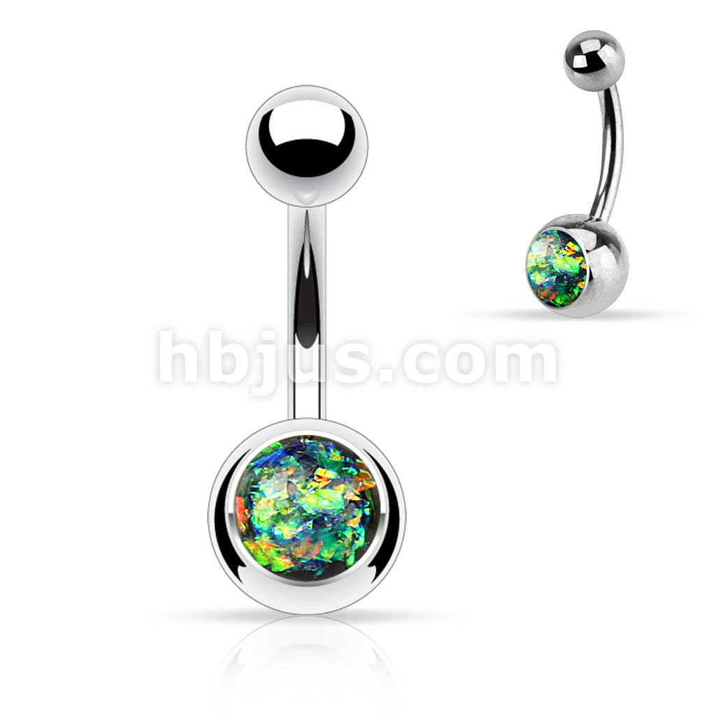 316L Surgical Steel Opal Glitter Set Belly Button Ring - Image 4