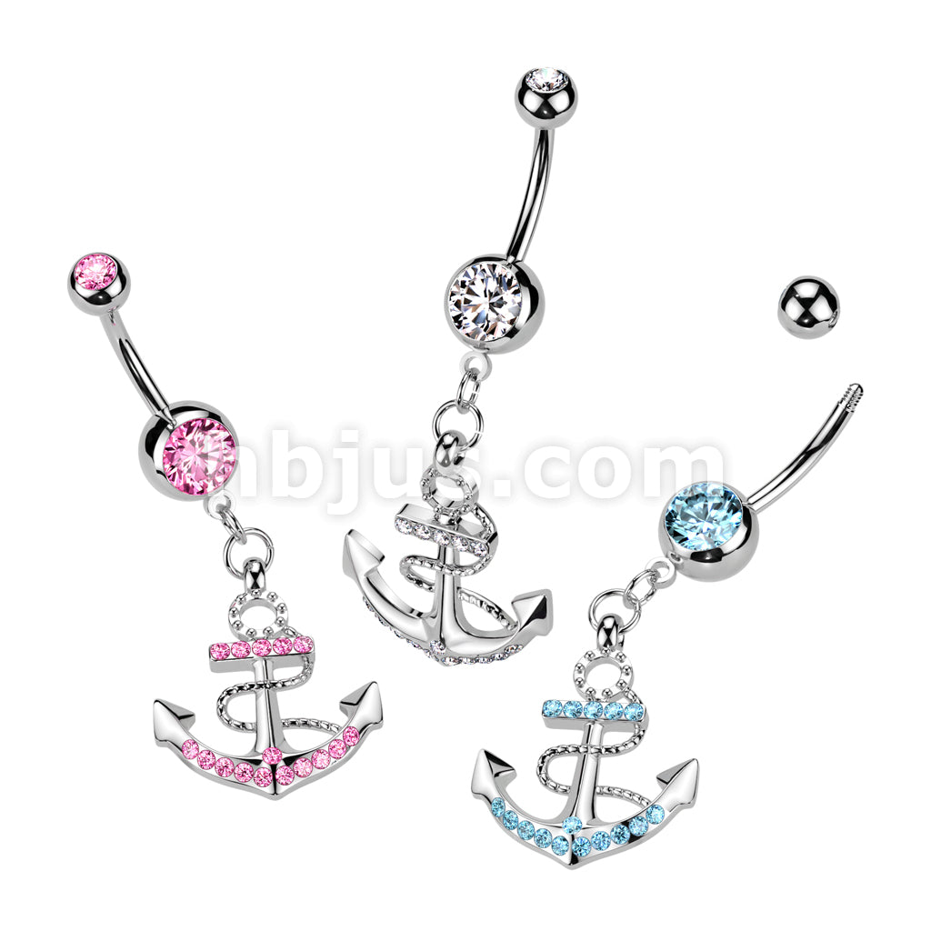 316L Surgical Steel 316L Surgical Steel Anchor Gemmed Dangle Belly...