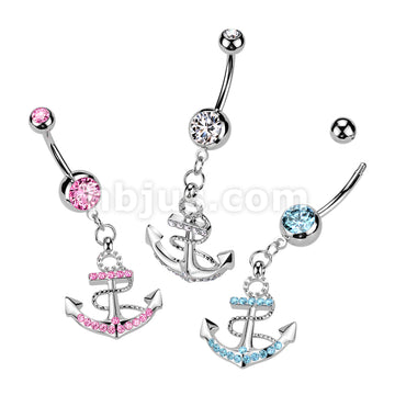 316L Surgical Steel 316L Surgical Steel Anchor Gemmed Dangle Belly...