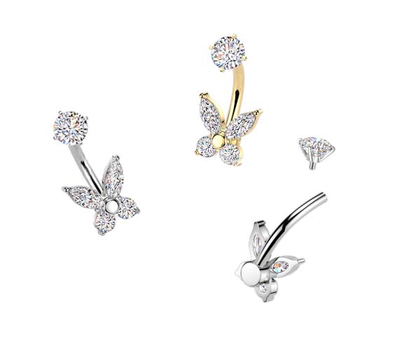 316L Surgical Steel All 316L Internally Threaded Prong Set Butterfly CZ...