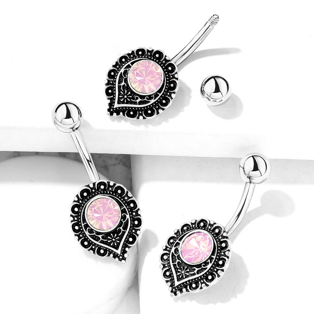 316L Surgical Steel Pink Opalite Crystal Center Heart Filigree 316L...