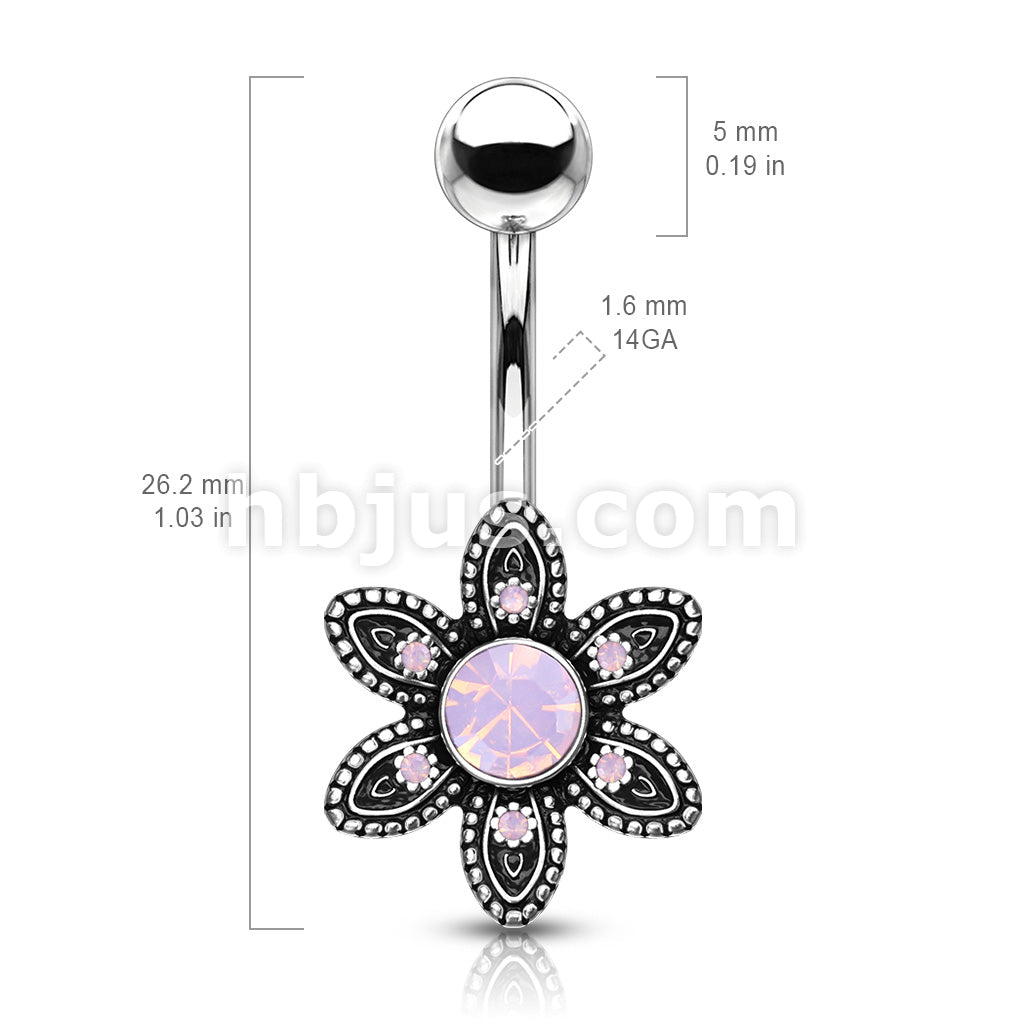 316L Surgical Steel Pink Opalite Crystal Paved Flower 316L Surgical... - Image 3