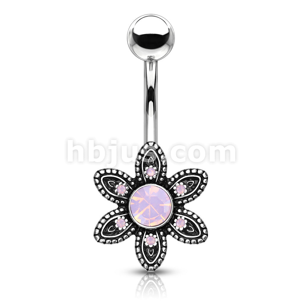 316L Surgical Steel Pink Opalite Crystal Paved Flower 316L Surgical... - Image 2