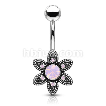 316L Surgical Steel Pink Opalite Crystal Paved Flower 316L Surgical... - Image 2