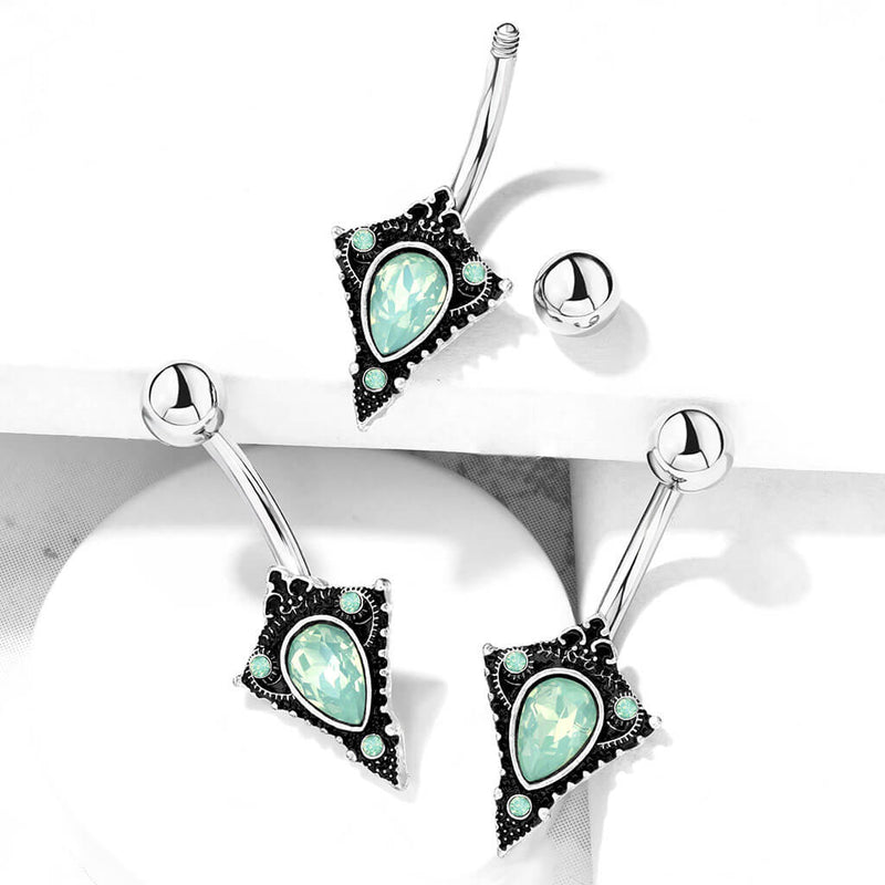 316L Surgical Steel Green Opalite Crystal Set Tribal Shield 316L...