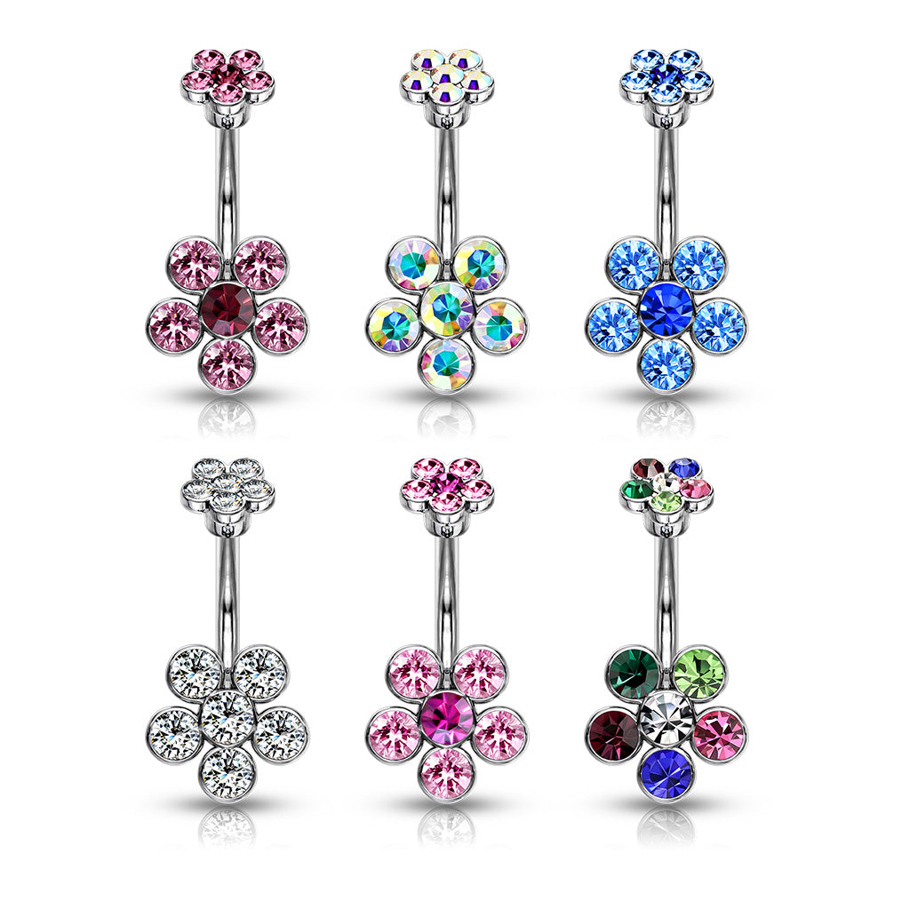 316L Surgical Steel Double 6-Gem Flower Belly Button Ring