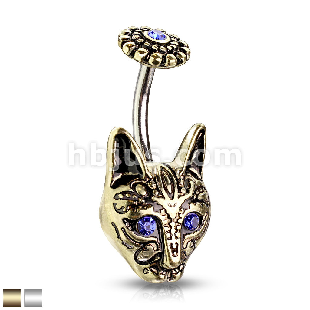 316L Surgical Steel Blue Crystal Eyes Tribal Cat With Blue Crystal... - Image 2