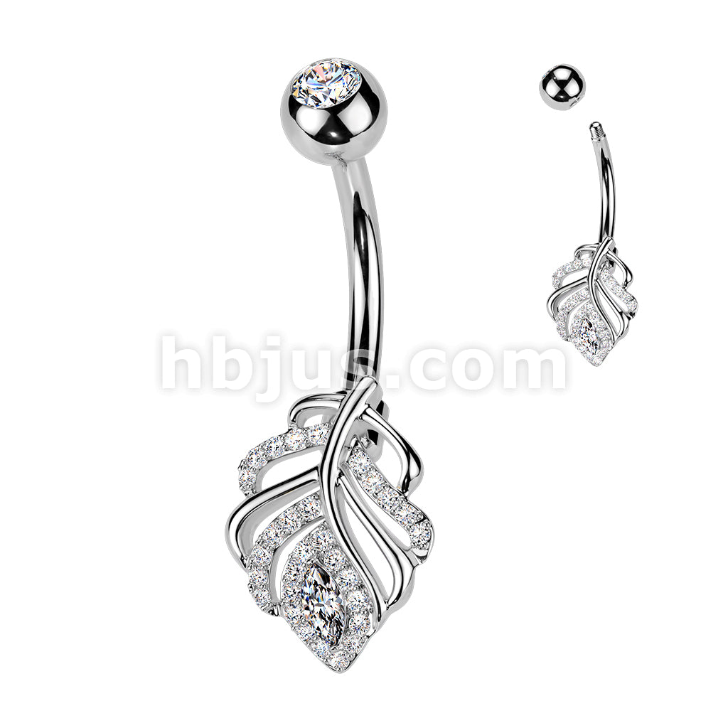 316L Surgical Steel 316L Belly Ring With Pave CZ Leaf and Press Fit CZ Top - Image 2