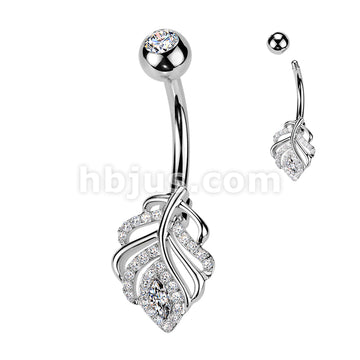 316L Surgical Steel 316L Belly Ring With Pave CZ Leaf and Press Fit CZ Top - Image 2
