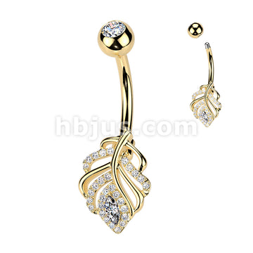 316L Surgical Steel 316L Belly Ring With Pave CZ Leaf and Press Fit CZ Top - Image 3