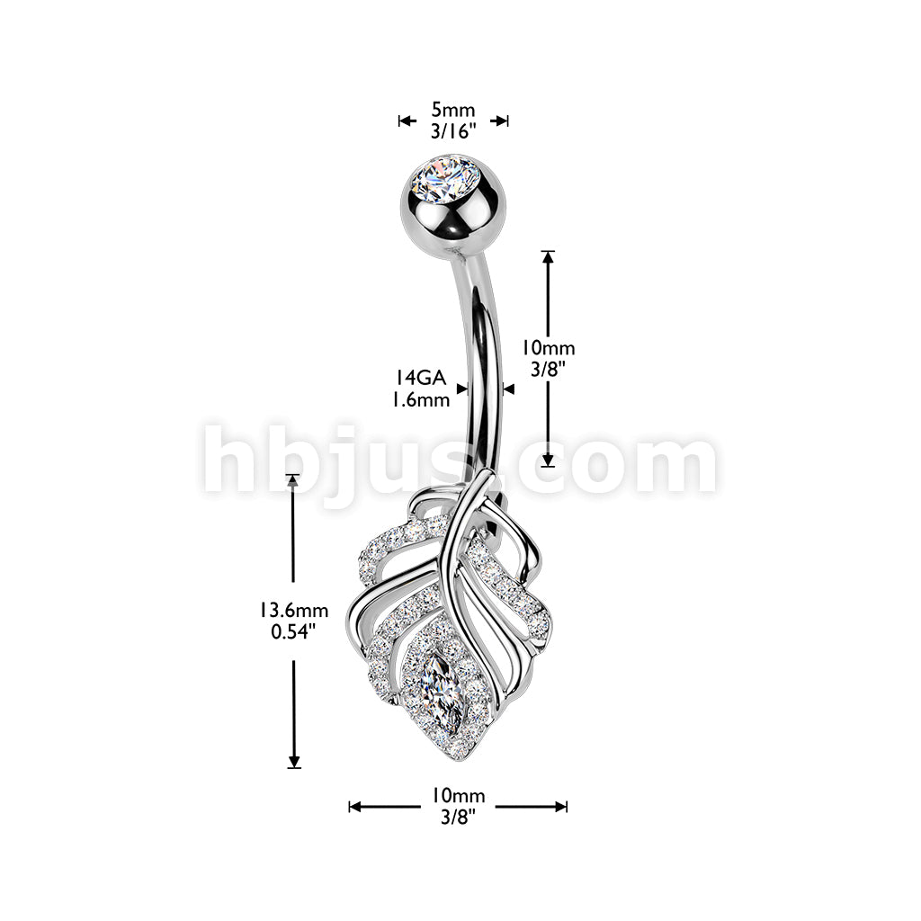 316L Surgical Steel 316L Belly Ring With Pave CZ Leaf and Press Fit CZ Top - Image 4