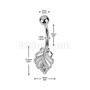 316L Surgical Steel 316L Belly Ring With Pave CZ Leaf and Press Fit CZ Top - Image 4
