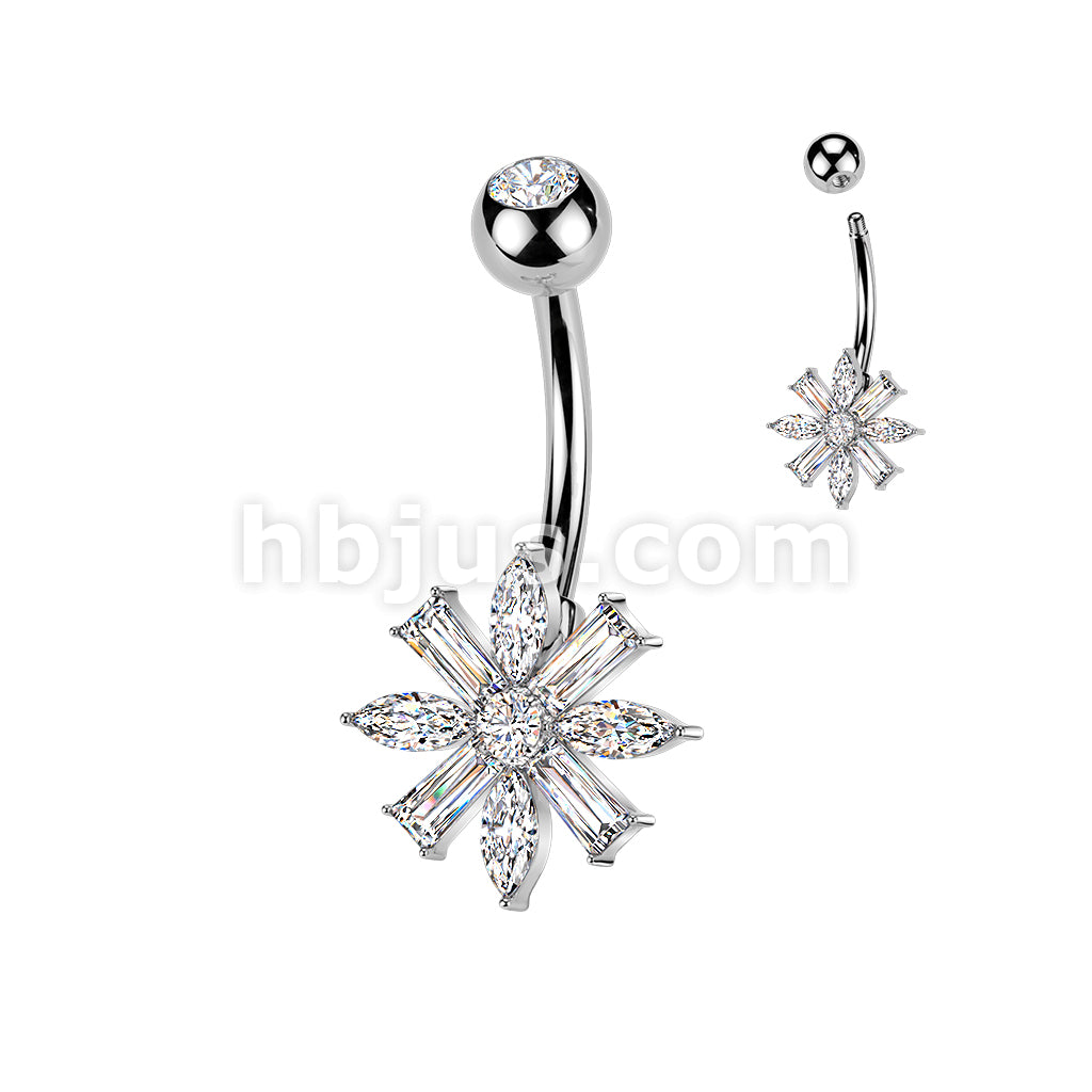 316L Surgical Steel 316L Belly Ring With Marquise & Baguette CZ Flower... - Image 2