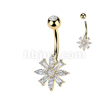 316L Surgical Steel 316L Belly Ring With Marquise & Baguette CZ Flower... - Image 3