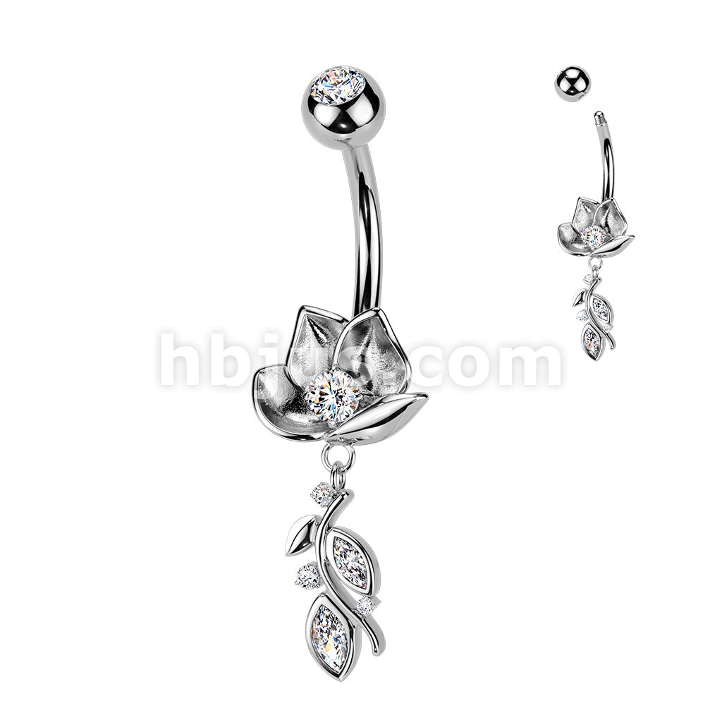 316L Surgical Steel 316L Belly Ring With Lotus Flower & CZ Vine Dangle - Image 2