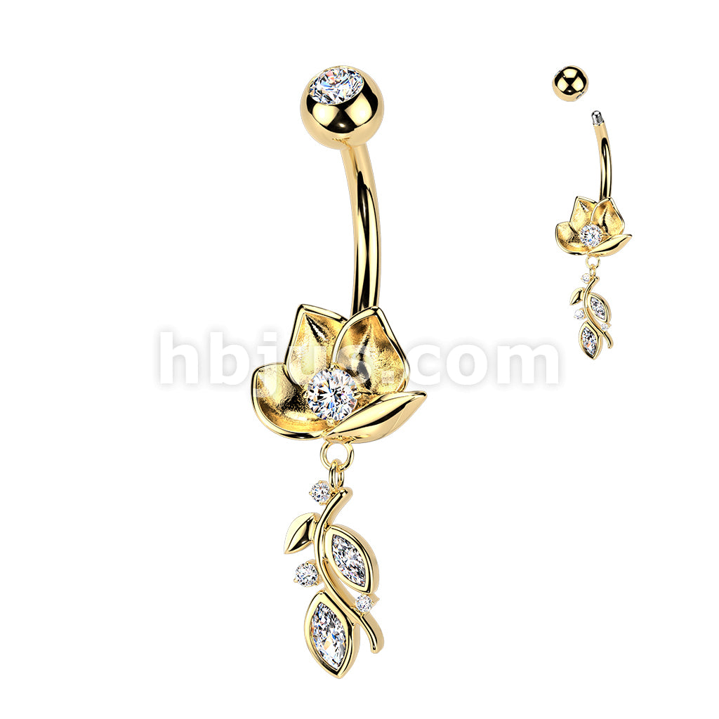 316L Surgical Steel 316L Belly Ring With Lotus Flower & CZ Vine Dangle - Image 3