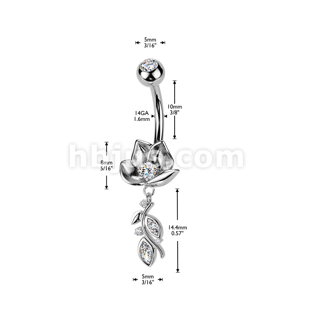 316L Surgical Steel 316L Belly Ring With Lotus Flower & CZ Vine Dangle - Image 4
