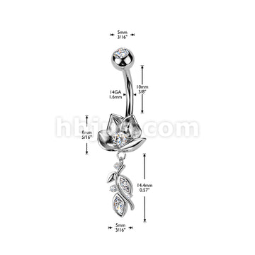 316L Surgical Steel 316L Belly Ring With Lotus Flower & CZ Vine Dangle - Image 4