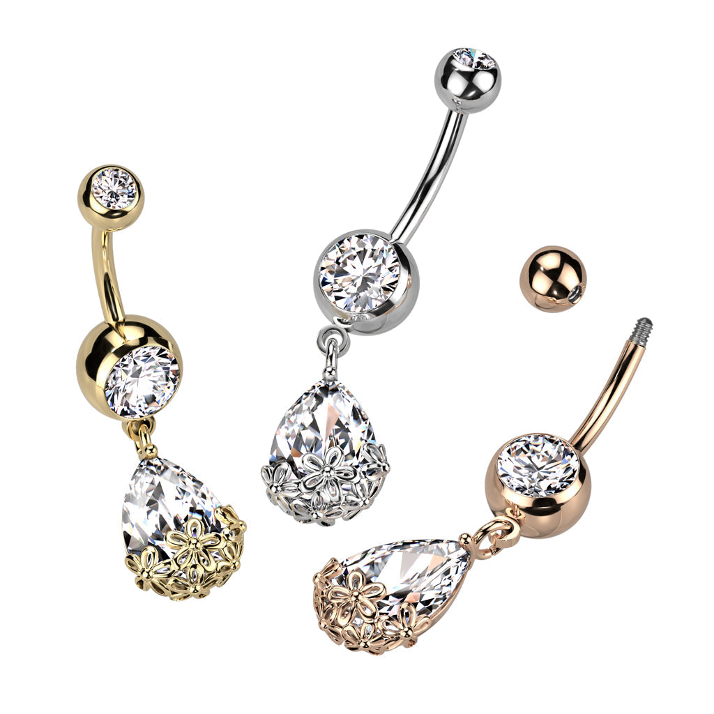 316L Surgical Steel 316L Surgical Steel Double Jeweled CZ With Pear CZ...