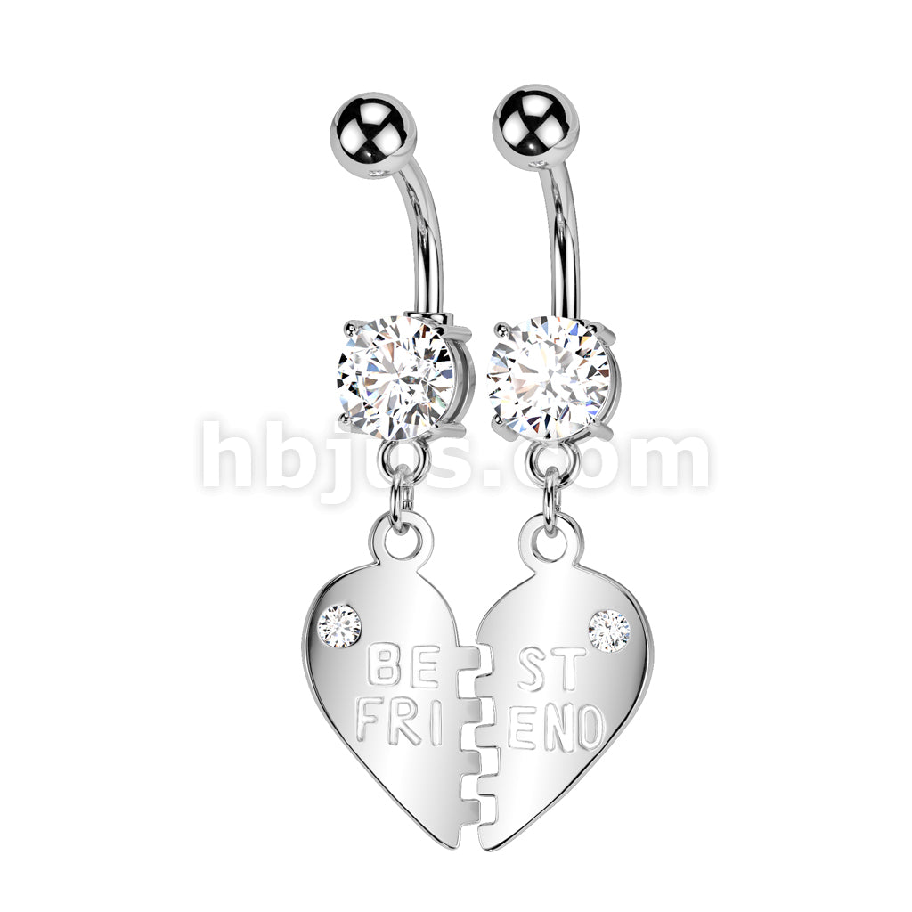 Pair of "Best Friend" Charm Pendent CZ Navel Ring - Image 2