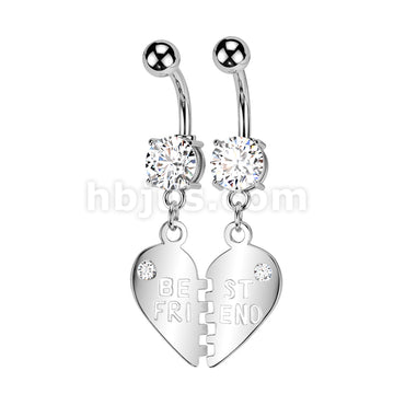 Pair of "Best Friend" Charm Pendent CZ Navel Ring - Image 2