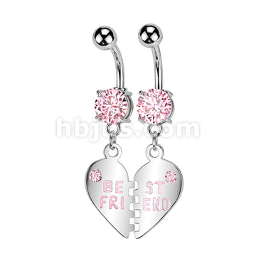Pair of "Best Friend" Charm Pendent CZ Navel Ring - Image 3