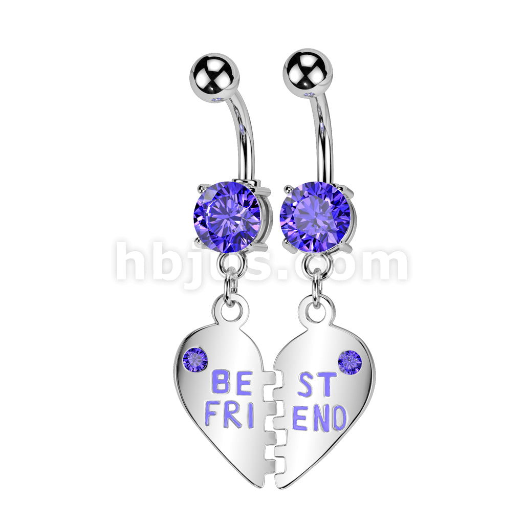 Pair of "Best Friend" Charm Pendent CZ Navel Ring - Image 4