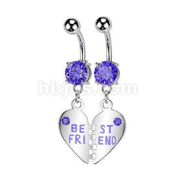 Pair of "Best Friend" Charm Pendent CZ Navel Ring - Image 4