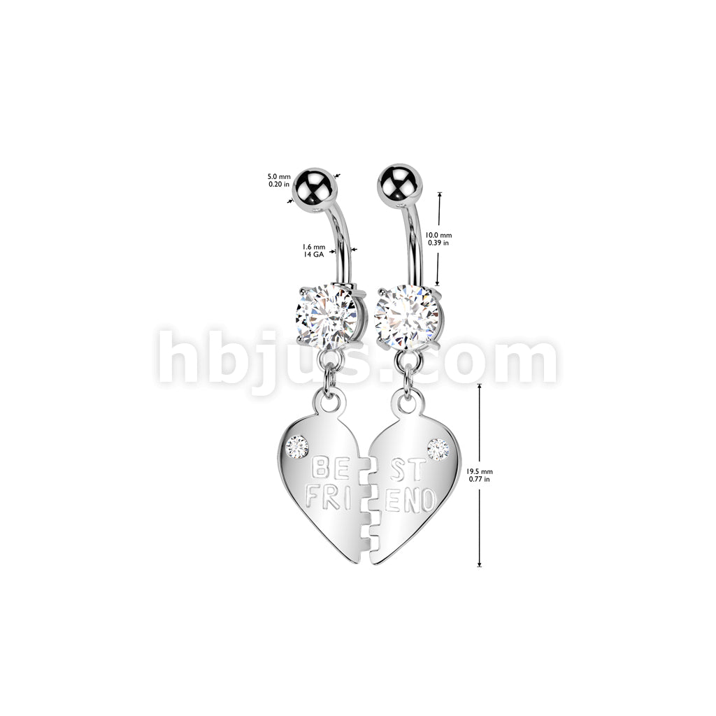Pair of "Best Friend" Charm Pendent CZ Navel Ring - Image 5