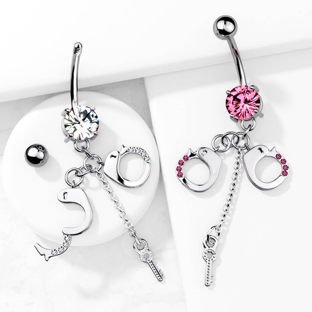 316L Surgical Steel 316L Surgical Steel Dangling Gem Handcuffs and Key...