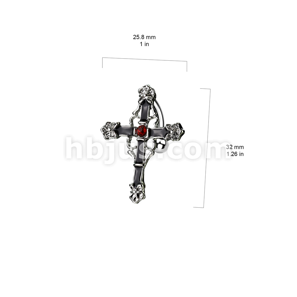 316L Surgical Steel Top Drop Navel Ring Black Enamel Colored Cross With... - Image 2
