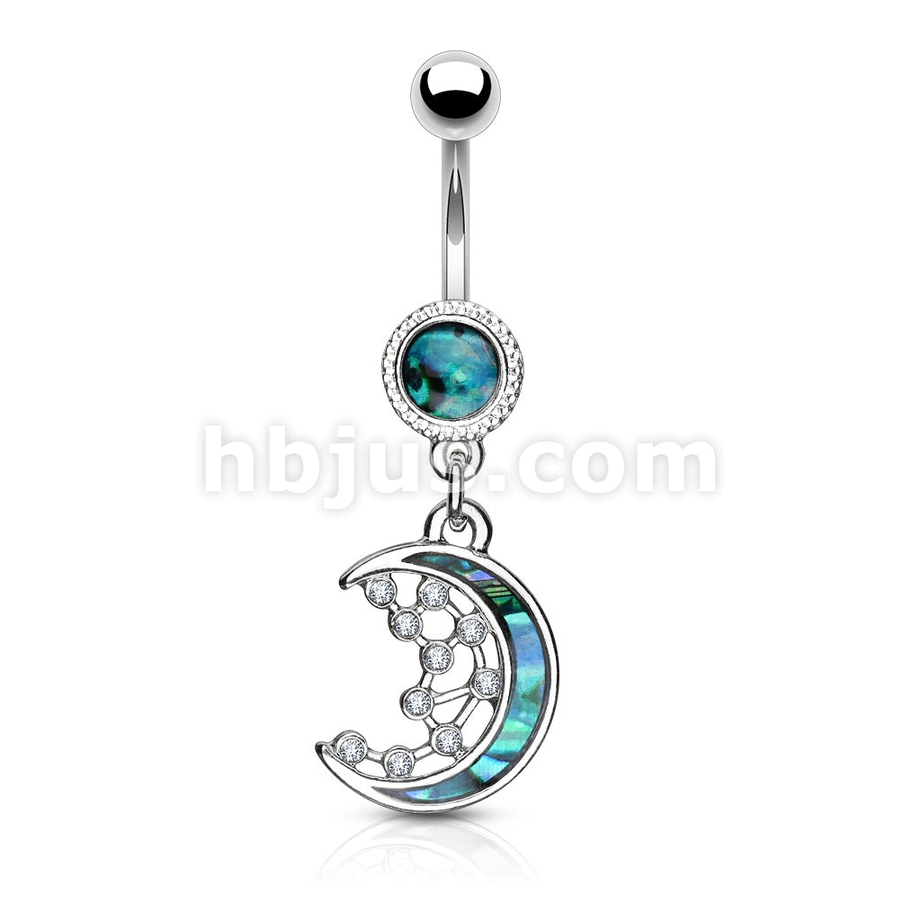 316L Surgical Steel Mother of Pearl Inlay Crescent Moon and CZ Stars... - Image 4