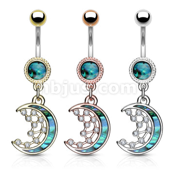 316L Surgical Steel Mother of Pearl Inlay Crescent Moon and CZ Stars... - Image 6