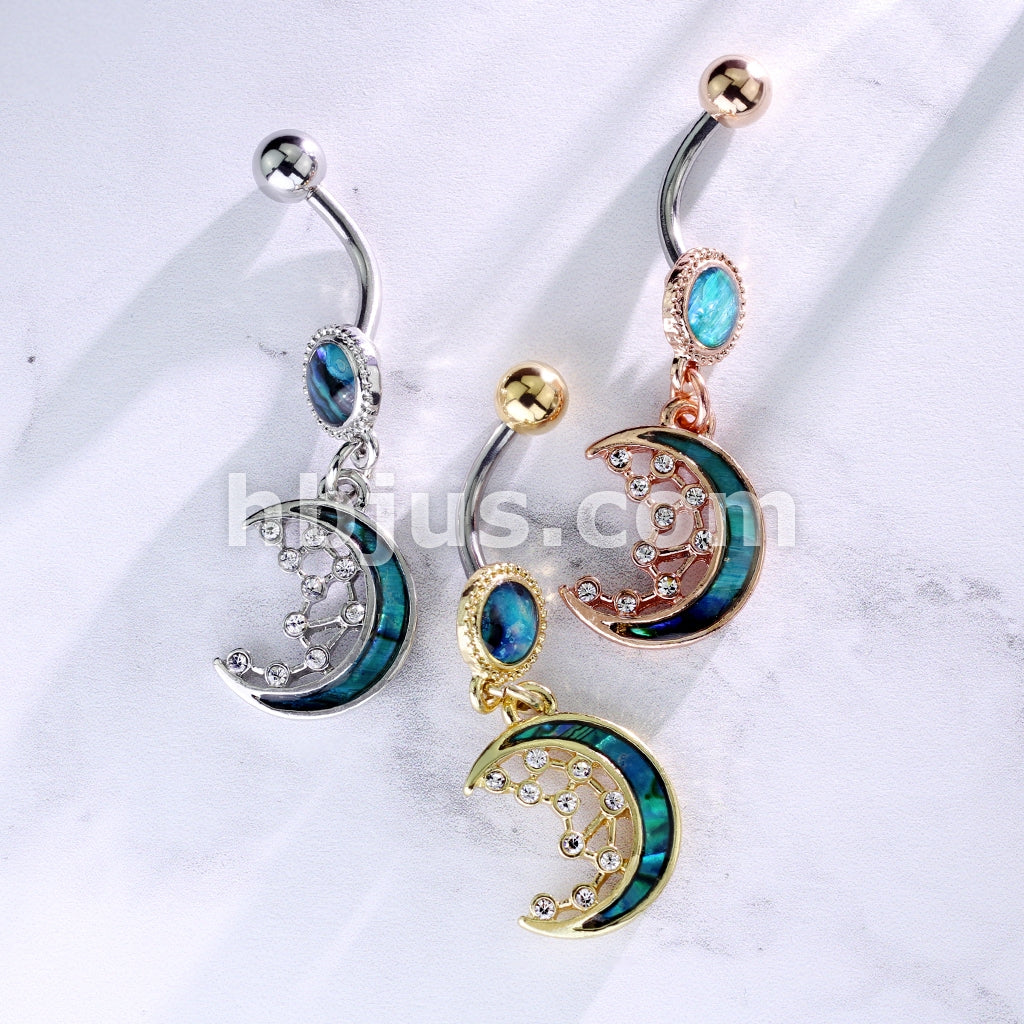 316L Surgical Steel Mother of Pearl Inlay Crescent Moon and CZ Stars... - Image 8