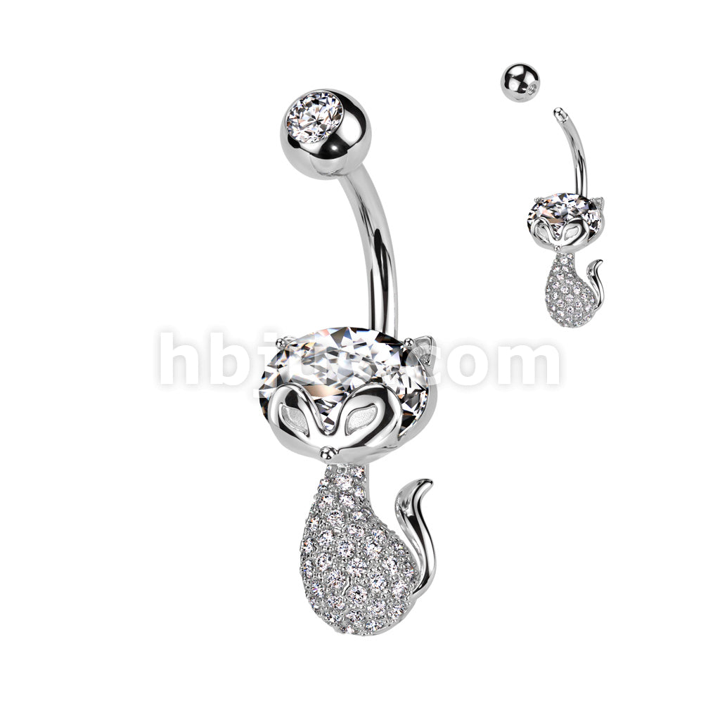 316L Surgical Steel 316L Surgical Steel Belly Ring With CZ Cat Head and... - Image 2